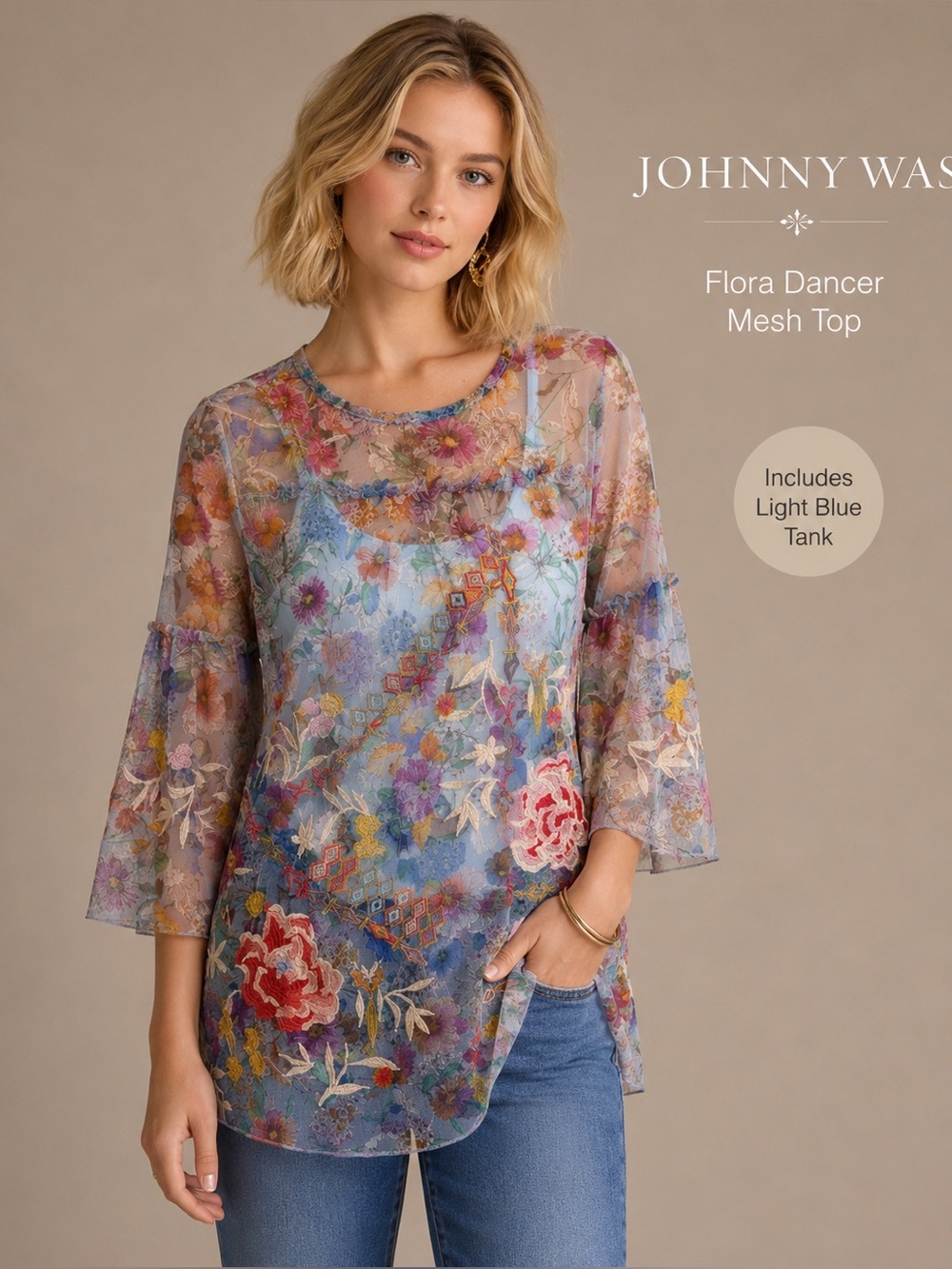 Johnny Was Flora Dancer Mesh Top w/ Blue Camisole Sheer Embroidered Boho Tunic S